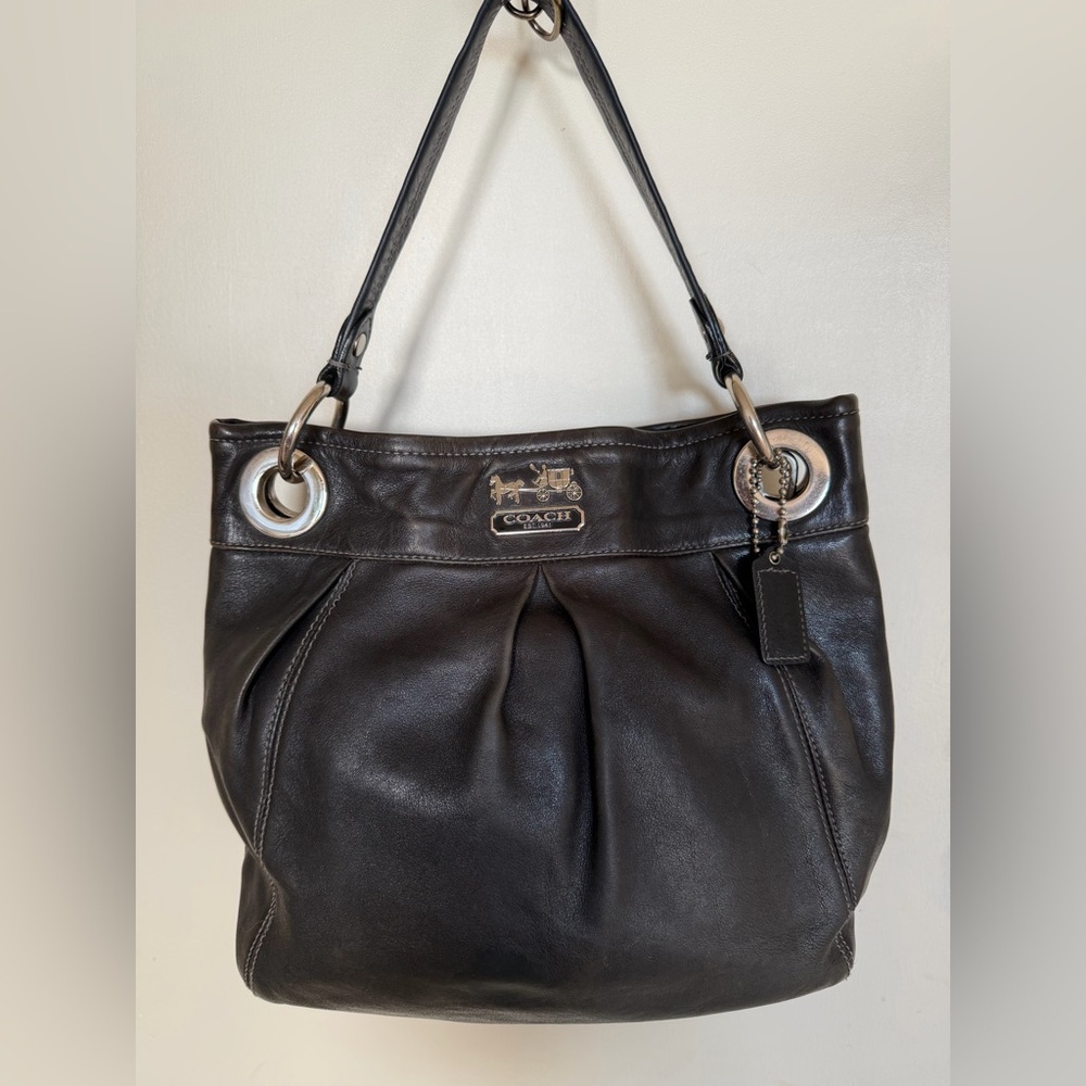 Coach Black Leather Pleated Hobo Shoulder Bag Silver Hardware Purse